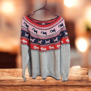 Holiday Time Dog Theme Pullover Long Sleeved Sweater Size XL Gray Pink Blue Red